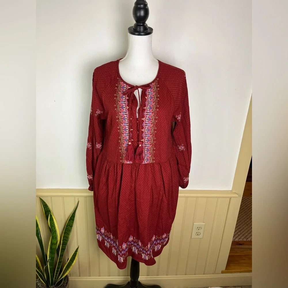knox rose boho dress Knox Rose | Dresses | Knox Rose Boho Dress L Red Balloon Sleeve Embroidered  Cottagecore Holiday Fit